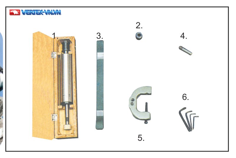 6 phụ kiện tiêu chuẩn đi kèm đầu mài trên máy tiện VERTEX — Internal Spindle, Pulley for Internal Grinding, Flat Belt, Diamond tool, Holder for Diamond Tool, bộ chìa vặn 4 cỡ 8-5-3-2mm