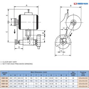 Bảng kích thước và hai hình chiếu đầu mài trên máy tiện VERTEX VGR-100, VGR-125, VGR-150, VGR-165