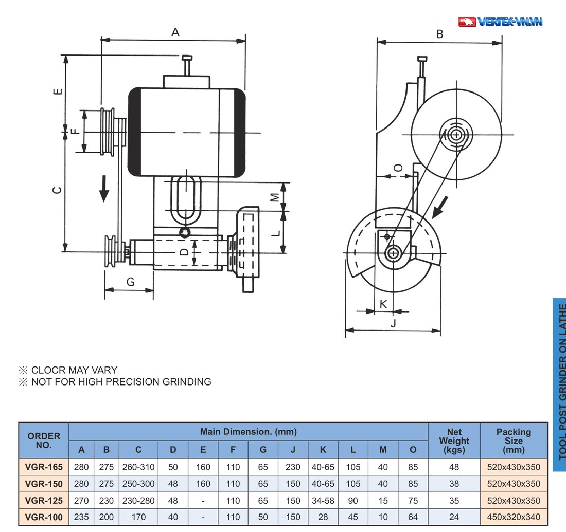 Bảng kích thước và hai hình chiếu đầu mài trên máy tiện VERTEX VGR-100, VGR-125, VGR-150, VGR-165