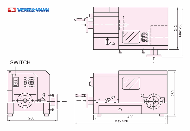Bản vẽ kích thước máy cắt thanh VERTEX VEC-20 theo catalogue