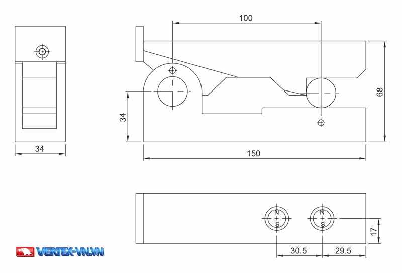 Bản vẽ kích thước thước sin nam châm VERTEX V-S50M, V-S100M theo catalogue