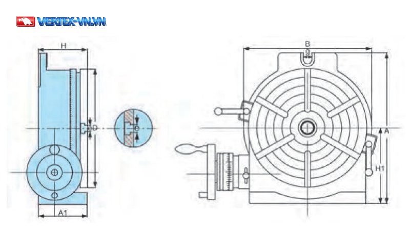Bản vẽ ký hiệu kích thước bàn chia độ lỗ lớn HVD-400 (A1, D, H, H1, A, B, e, g)