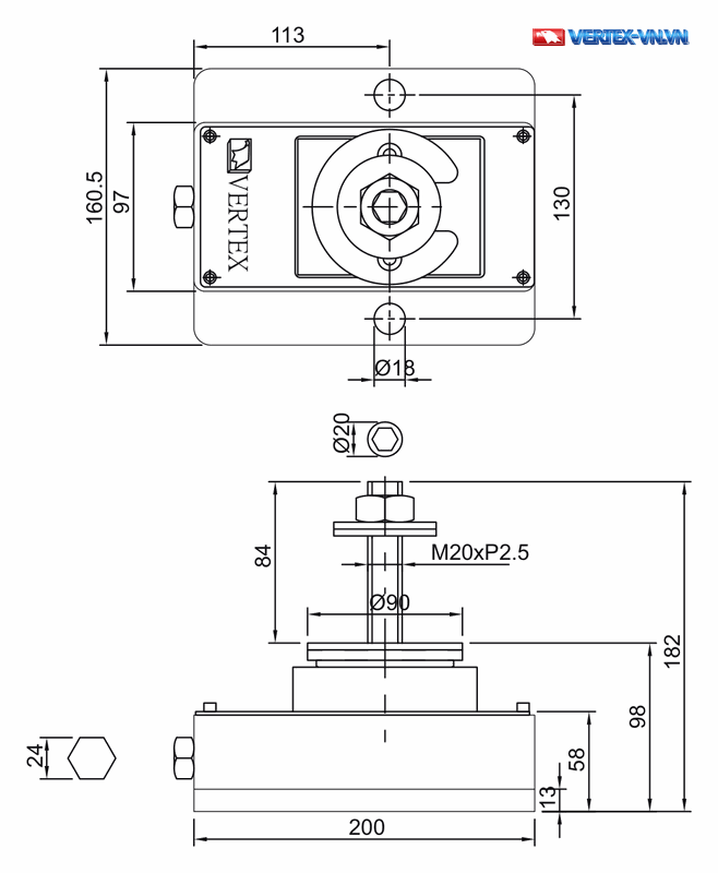 Bản vẽ kích thước đế giảm chấn VERTEX VSA-150H theo catalogue