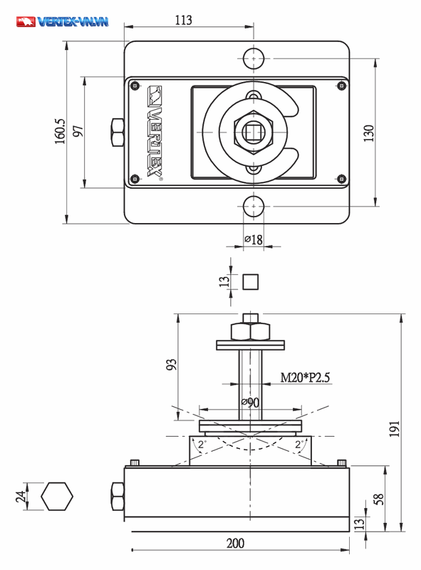Bản vẽ kích thước đế giảm chấn VERTEX VSA-150K theo catalogue