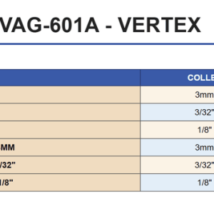 Bảng phụ tùng tùy chọn VAG-500D và VAG-601A: 6 mã collet 3mm, 3/32 inch, 1/8 inch, CODE NO. 8001-099E, 099F, 099G, 100A, 100B, 100C