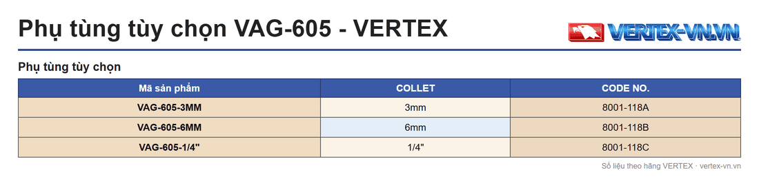 Bảng phụ tùng tùy chọn VAG-605: 3 mã collet 3mm, 6mm, 1/4 inch, CODE NO. 8001-118A, 8001-118B, 8001-118C