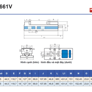Bảng kích thước mm của VD-660V và VD-661V: các cột A đến V, C mở và G.W. (kg), kèm bản vẽ ký hiệu