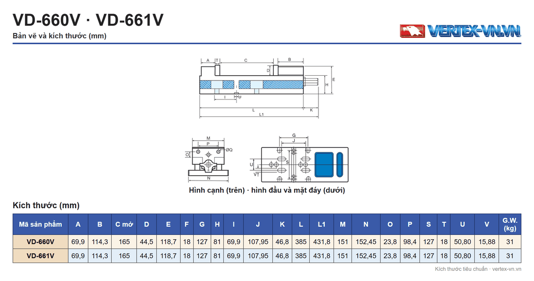 Bảng kích thước mm của VD-660V và VD-661V: các cột A đến V, C mở và G.W. (kg), kèm bản vẽ ký hiệu