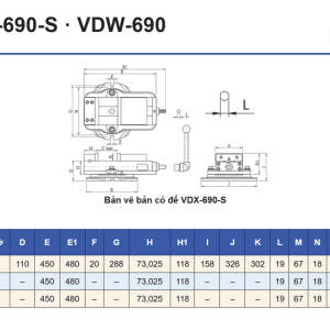 Bảng kích thước mm VERTEX VDX-690-S, VDX-690, VDW-690: các cột A đến W, C mở, lực kẹp max (kgf), G.W. (kg)