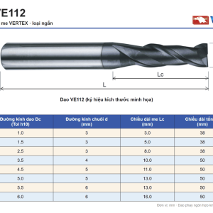 Bảng thông số dao phay ngón hợp kim 2 me VERTEX VE112