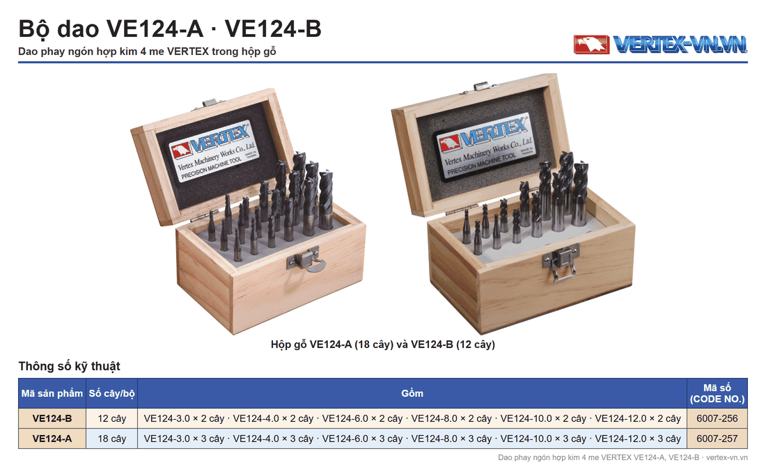 Hộp gỗ bộ dao phay ngón hợp kim 4 me VERTEX VE124-A và VE124-B