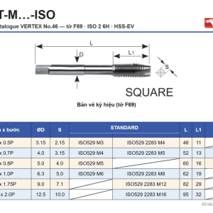 Bảng thông số mũi taro máy VERTEX VMT-M chuẩn ISO 6 mã VMT-M3-ISO đến VMT-M16-ISO kèm bản vẽ ký hiệu L, L1, D, S