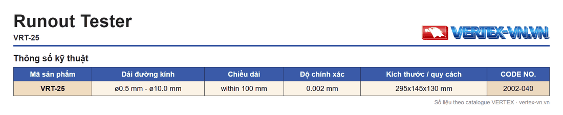 Bảng thông số thiết bị đo độ đảo VERTEX VRT-25 gồm phạm vi, chiều dài, độ chính xác và kích thước