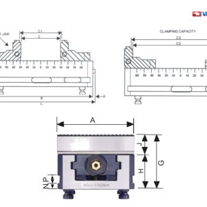 Bản vẽ ký hiệu kích thước Ridge•Grip 5-Axis Vise 125 Series (A, B, C, C1, C2, C3, G, H, J, K, N, L)