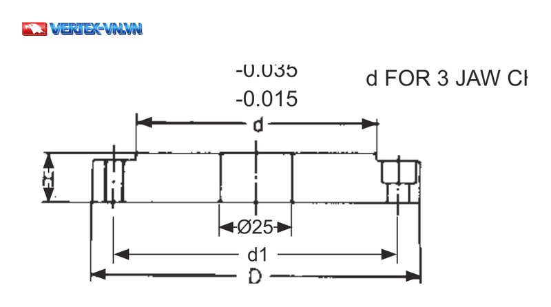 Bản vẽ mặt cắt mặt bích FLT: ký hiệu D, d, d1, H, nhãn Ø25 và dòng chữ d FOR 3 JAW CHUCK