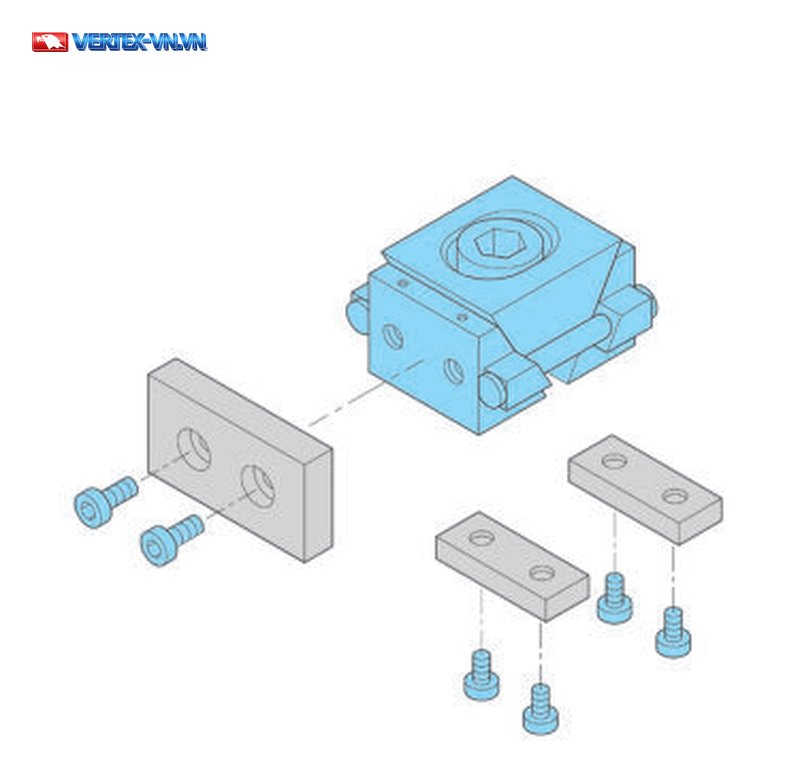 Hình lắp ráp Lock Down Vise VERTEX: khối kẹp màu xanh, ba tấm màu xám và sáu vít nối bằng nét đứt Hình lắp ráp Lock Down Vise VERTEX: khối kẹp màu xanh, ba tấm màu xám và sáu vít nối bằng nét đứt