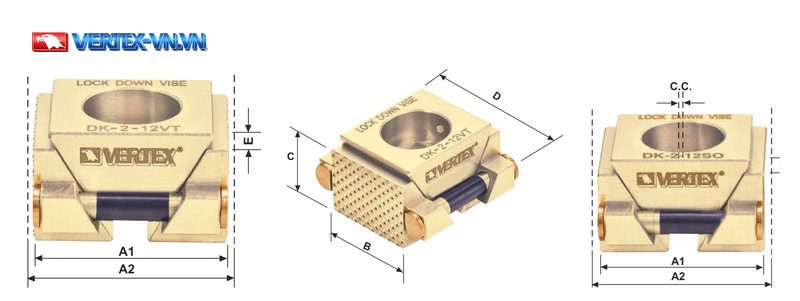 Bản vẽ Lock Down Vise VERTEX nhóm VT và SO với các chữ A1, A2, B, C, D, E và C.C.