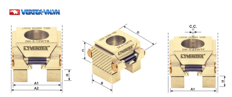 Bản vẽ Lock Down Vise VERTEX nhóm WTB và WTF có khối đế, các chữ A1, A2, B, C, D, H và C.C.