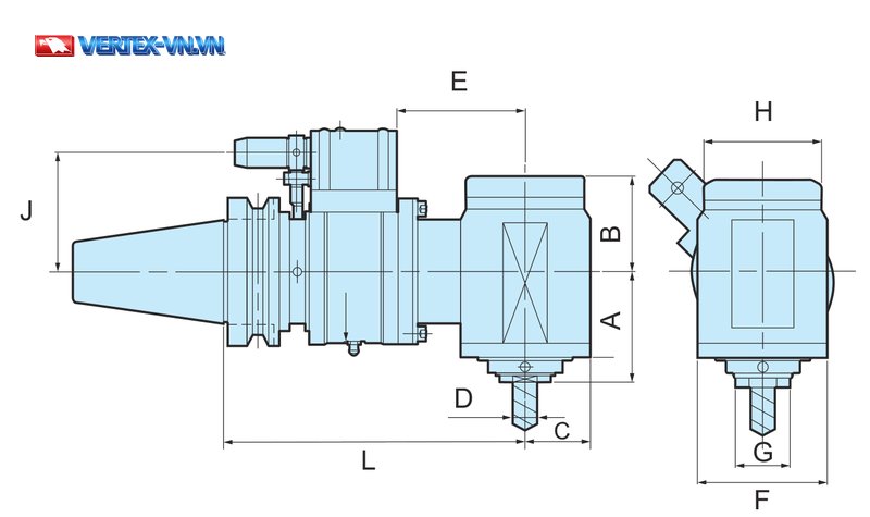 Bản vẽ ký hiệu kích thước đầu phay vuông góc NC RAER (A, B, C, ØD, E, F, ØG, H, L, J)
