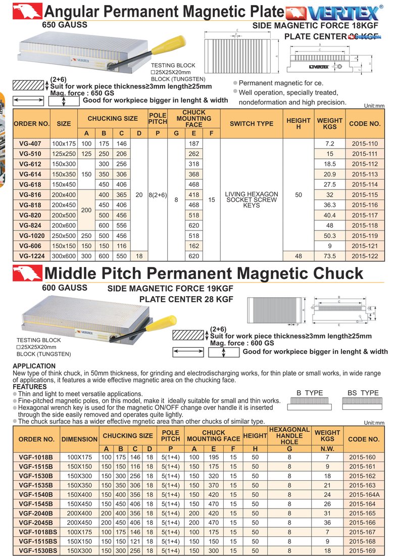 Catalogue VERTEX bàn từ máy mài: bảng VG (Angular Permanent Magnetic Plate) và VGF (Middle Pitch Permanent Magnetic Chuck) Catalogue VERTEX bàn từ máy mài: bảng VG (Angular Permanent Magnetic Plate) và VGF (Middle Pitch Permanent Magnetic Chuck)