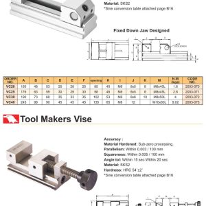 Catalogue VERTEX ê tô mài Tool Makers Vise VC và V-VE: bảng kích thước, khối lượng và mã code