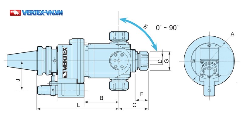 Bản vẽ ký hiệu kích thước đầu phay góc vạn năng NC UAER (A, B, C, ØD, E, F, ØG, L, J)
