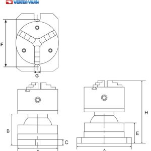 Bản vẽ ký hiệu kích thước mâm cặp xoay góc tự do VAV (A, B, C, E, F, G, H)