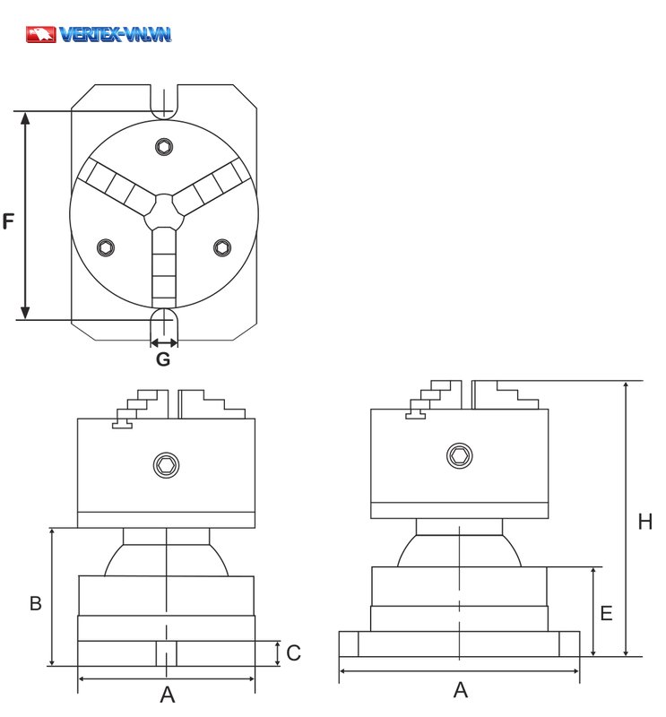 Bản vẽ ký hiệu kích thước mâm cặp xoay góc tự do VAV (A, B, C, E, F, G, H)
