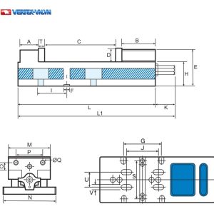 Bản vẽ ê tô VERTEX VD-660V với các chữ A, T, C, B, D, E, H, I, F, L, L1, K, M, P, N, O, ØQ, G, J, S, U và V