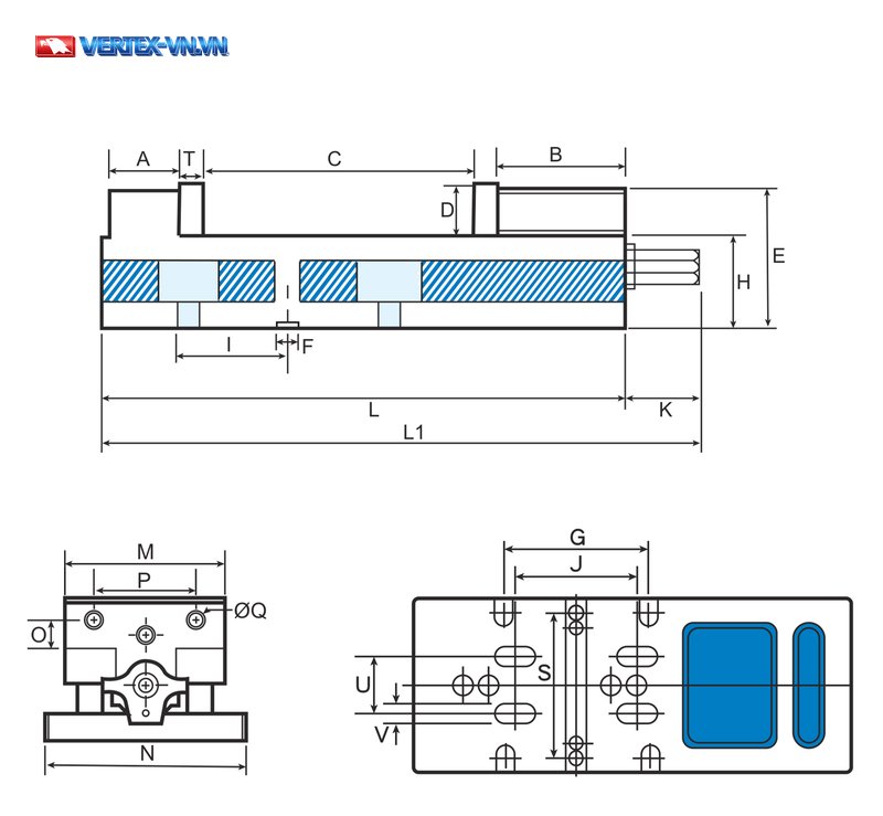 Bản vẽ ê tô VERTEX VD-660V với các chữ A, T, C, B, D, E, H, I, F, L, L1, K, M, P, N, O, ØQ, G, J, S, U và V