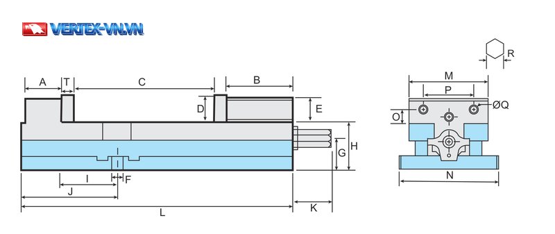 Bản vẽ VD-X với các chữ A, B, C, D, E, F, G, H, I, J, K, L, M, N, O, P, R, T và ØQ