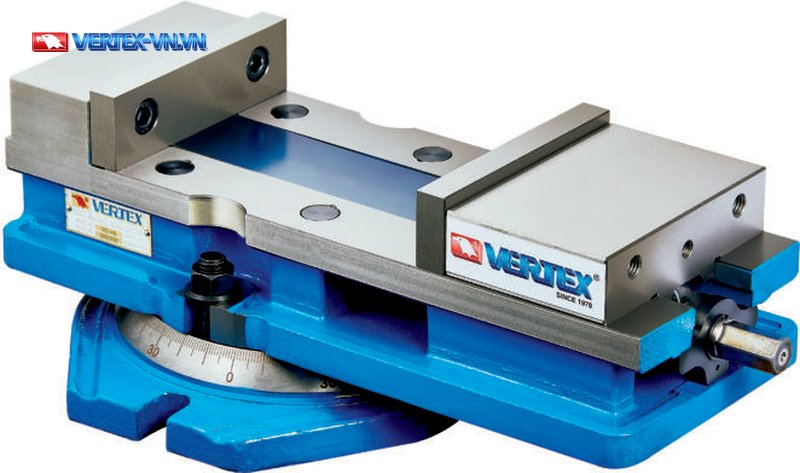 Ê tô VERTEX VD-X-S có đế xoay màu xanh dương với thang chia độ in số 0 và 30 dưới thân ê tô