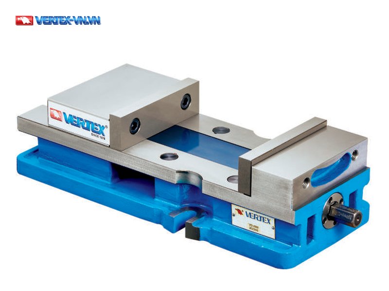 Ê tô khóa góc VERTEX VD-XR6 bản đảo chiều: khối má lớn có nhãn VERTEX bên trái, má mỏng và đầu trục bên phải