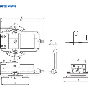 Bản vẽ ê tô VERTEX VDX-690-S với các chữ A, B, C max, D, E, E1, F, G, H, H1, I, J, K, M, N, W và hình lục giác L
