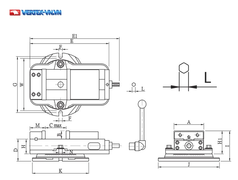 Bản vẽ ê tô VERTEX VDX-690-S với các chữ A, B, C max, D, E, E1, F, G, H, H1, I, J, K, M, N, W và hình lục giác L