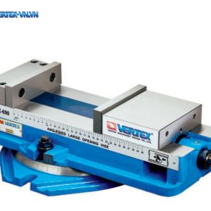 Ê tô độ mở lớn khóa góc VERTEX VDX-690-S có đế tròn màu xanh dương dưới thân, thước chia vạch trên thân