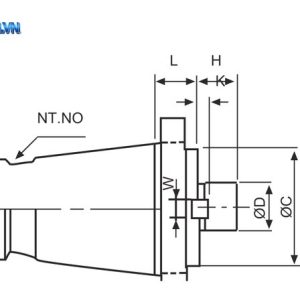 Bản vẽ bầu kẹp dao phay khỏa mặt với các ký hiệu NT.NO, L, H, K, W, ØD, ØC, C4