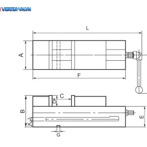 Bản vẽ ê tô khóa cố định VMC có ký hiệu A, B, C, D, E, F, G, H, J, K, L