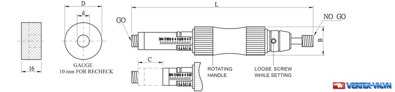 Bản vẽ catalogue dưỡng đo cỡ và sâu ren VSD với ký hiệu B, L, D, d, C và nhãn GO, NO GO